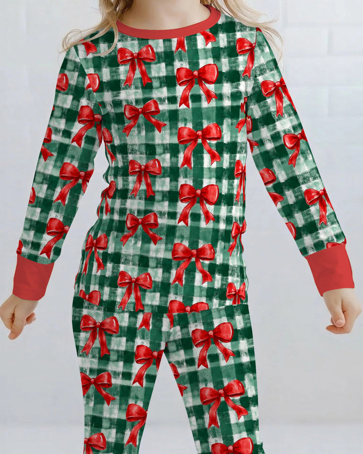 Watercolor Red Bows Green Plaid Christmas Bamboo Two Piece Long Sleeve Pajama Set