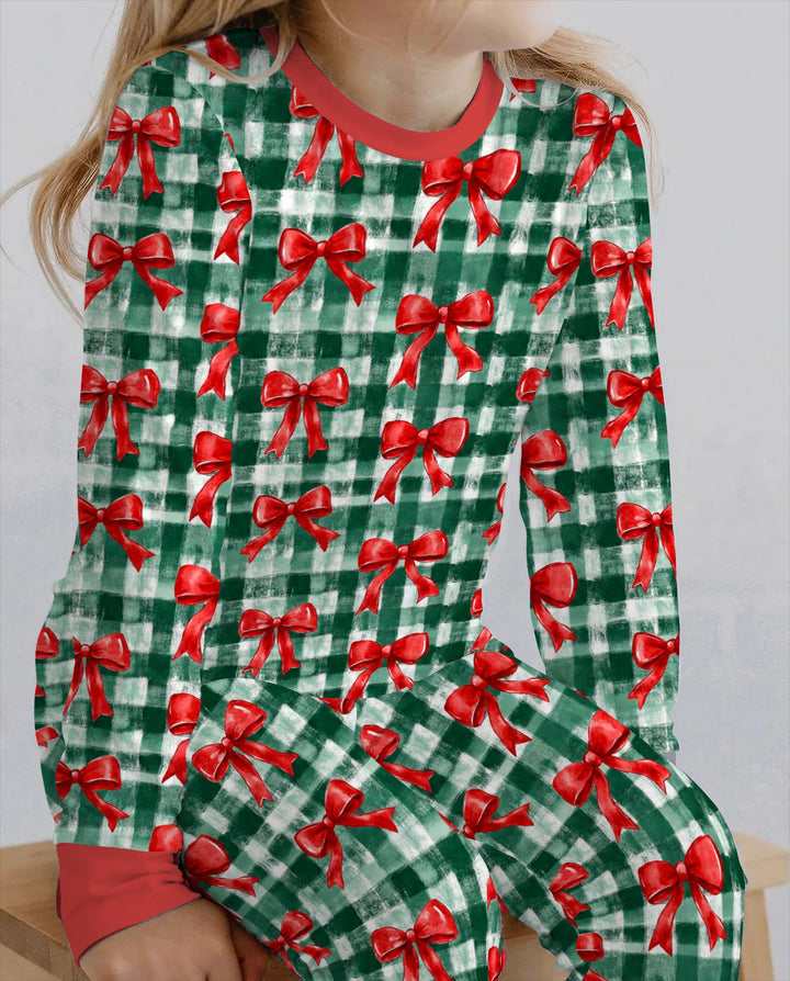 Watercolor Red Bows Green Plaid Christmas Bamboo Two Piece Long Sleeve Pajama Set