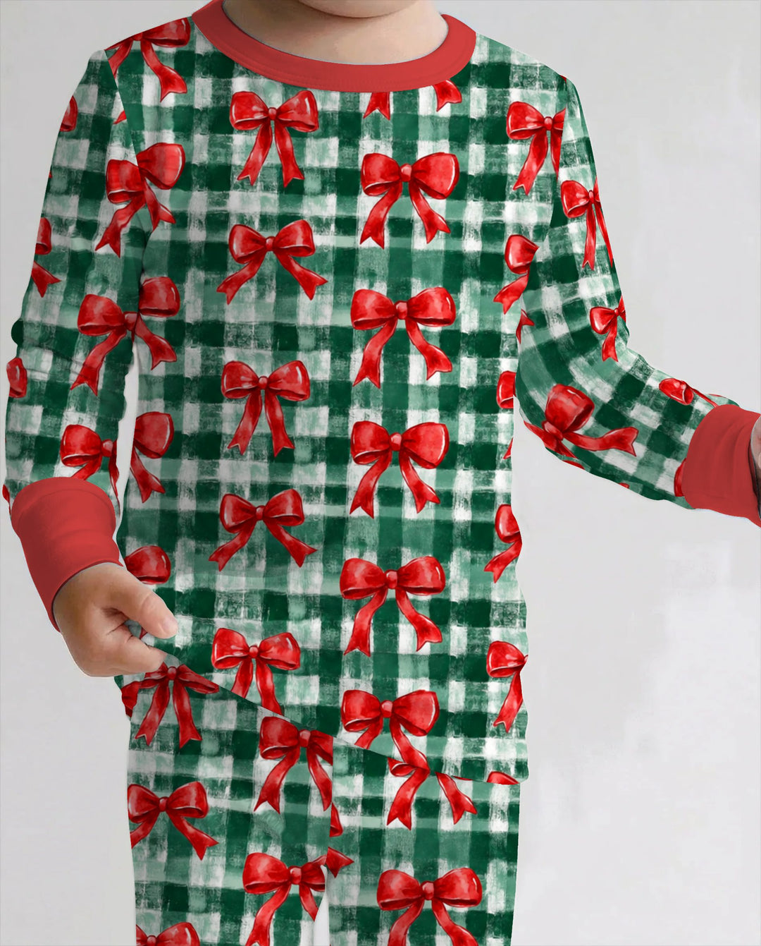 Watercolor Red Bows Green Plaid Christmas Bamboo Two Piece Long Sleeve Pajama Set