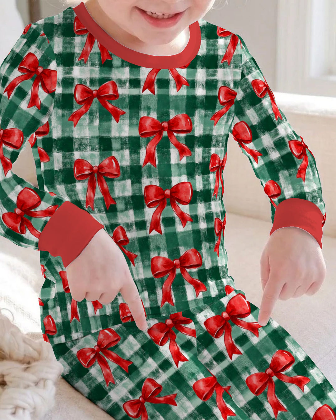 Watercolor Red Bows Green Plaid Christmas Bamboo Two Piece Long Sleeve Pajama Set