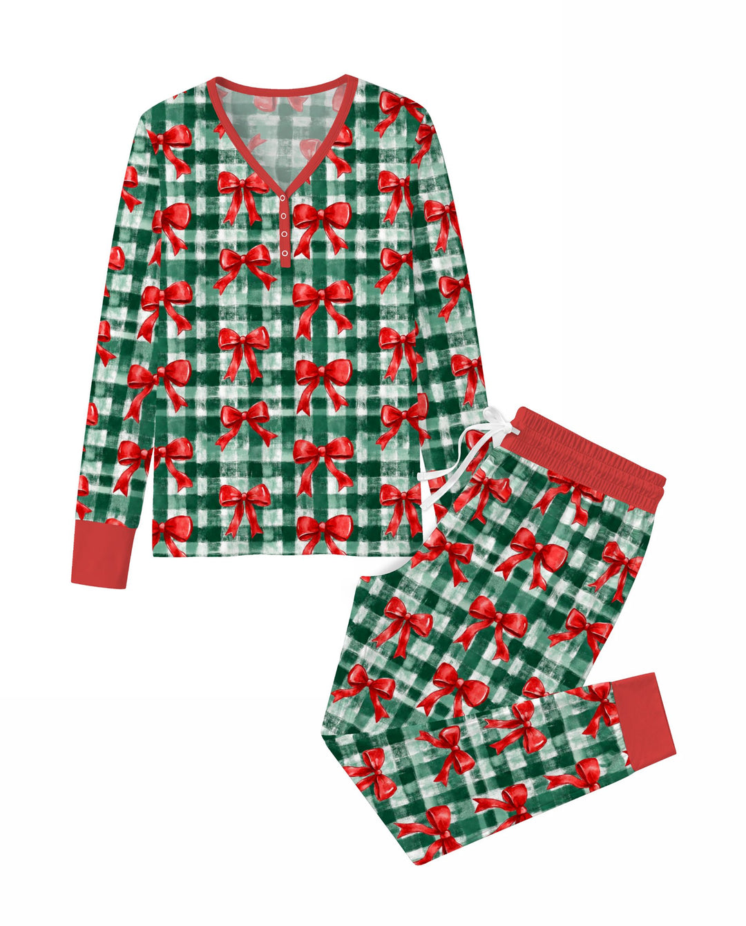 Watercolor Red Bows Green Plaid Christmas Bamboo Women Pajama Set