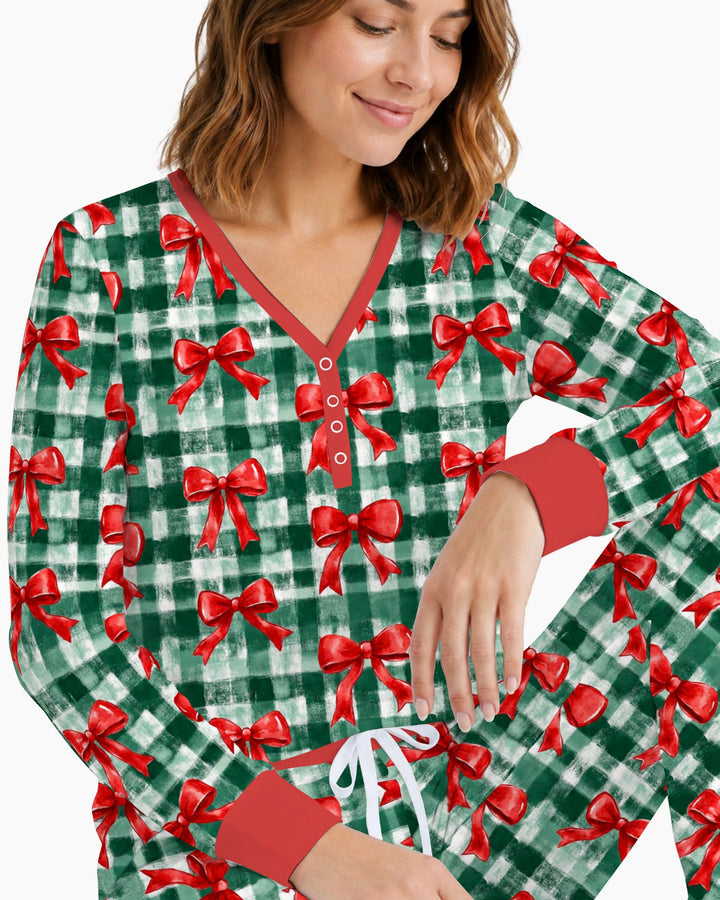Watercolor Red Bows Green Plaid Christmas Bamboo Women Pajama Set