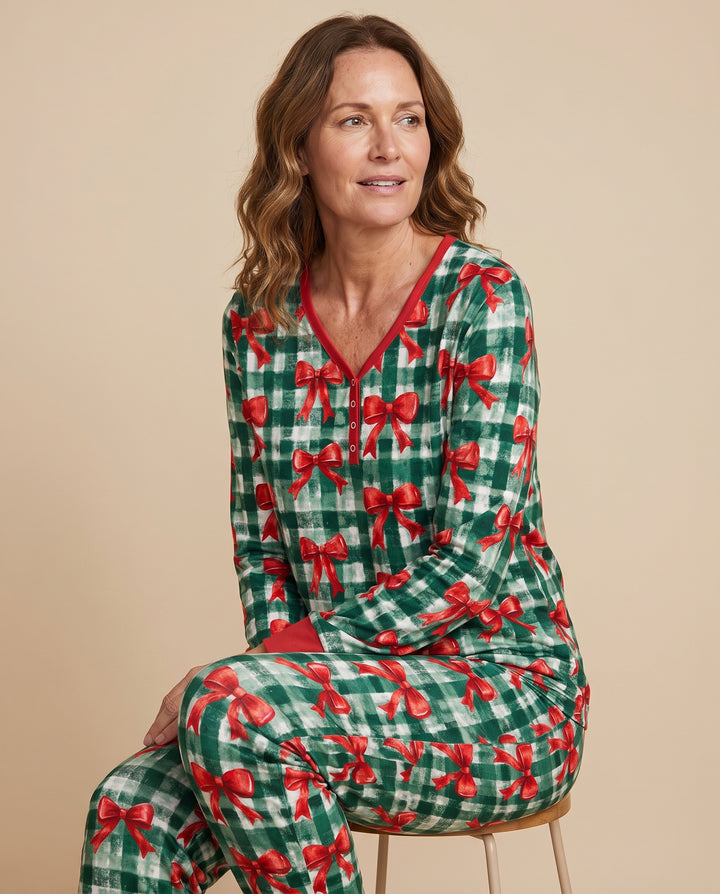 Watercolor Red Bows Green Plaid Christmas Bamboo Women Pajama Set