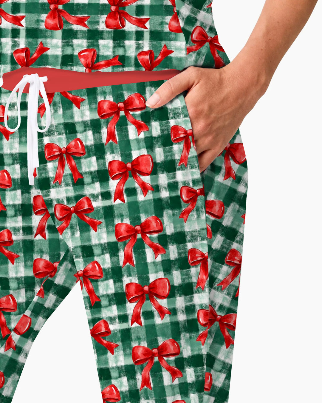 Watercolor Red Bows Green Plaid Christmas Bamboo Women Pajama Set