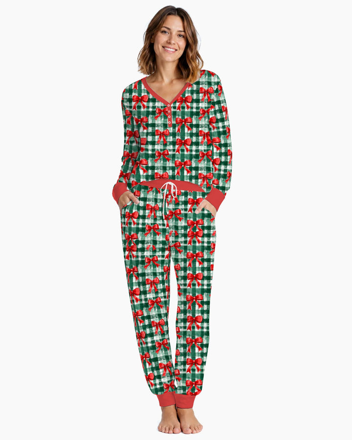 Watercolor Red Bows Green Plaid Christmas Bamboo Women Pajama Set