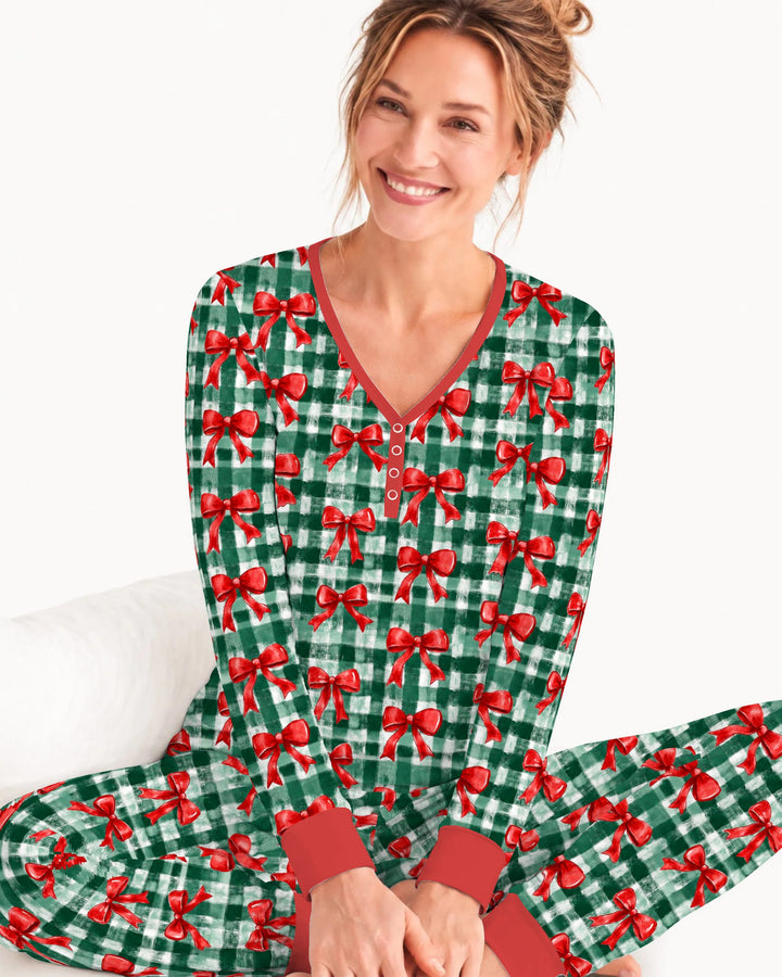 Watercolor Red Bows Green Plaid Christmas Bamboo Women Pajama Set
