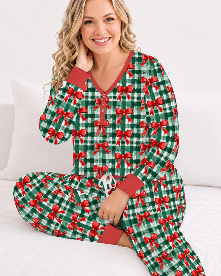 Watercolor Red Bows Green Plaid Christmas Bamboo Women Pajama Set