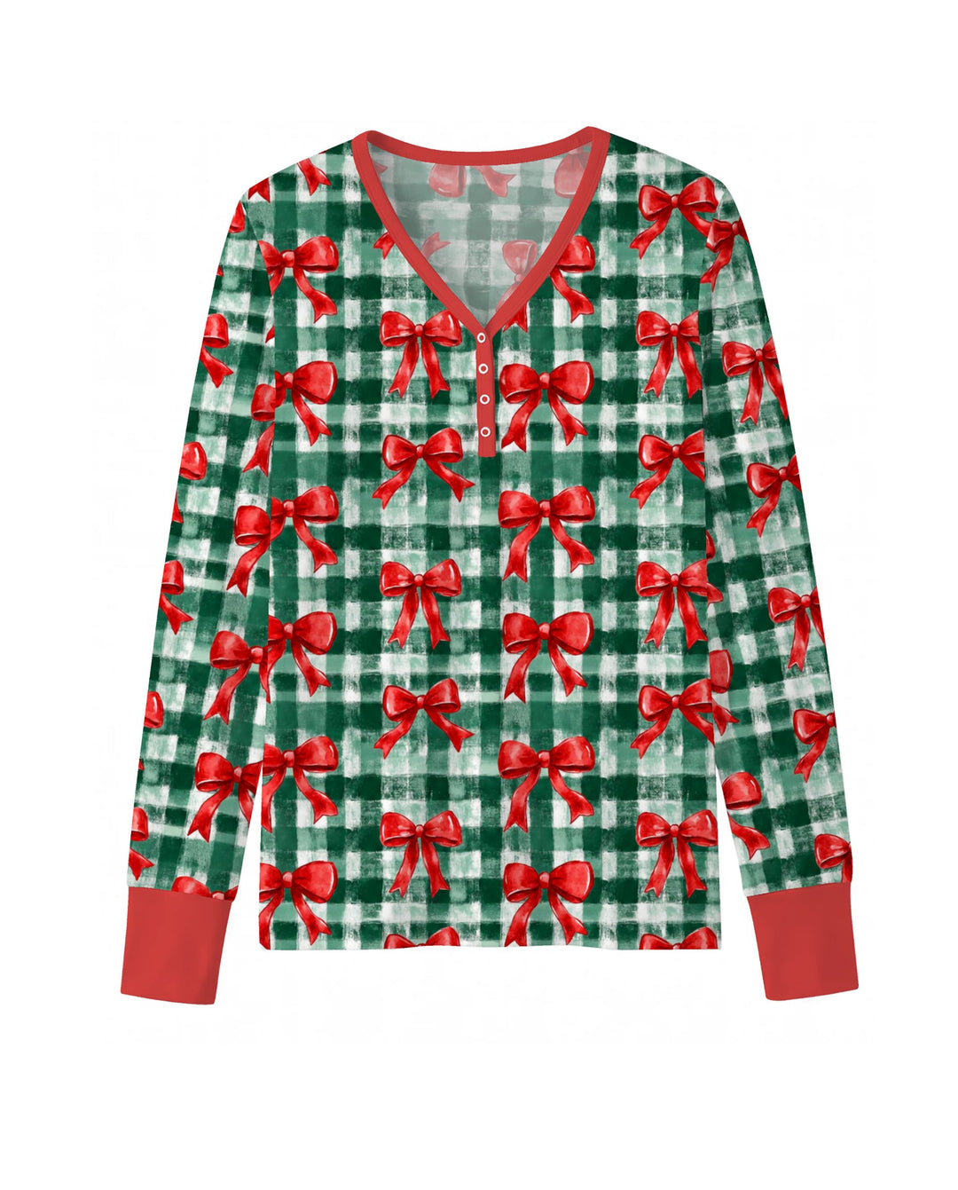 Watercolor Red Bows Green Plaid Christmas Bamboo Women Pajama Set