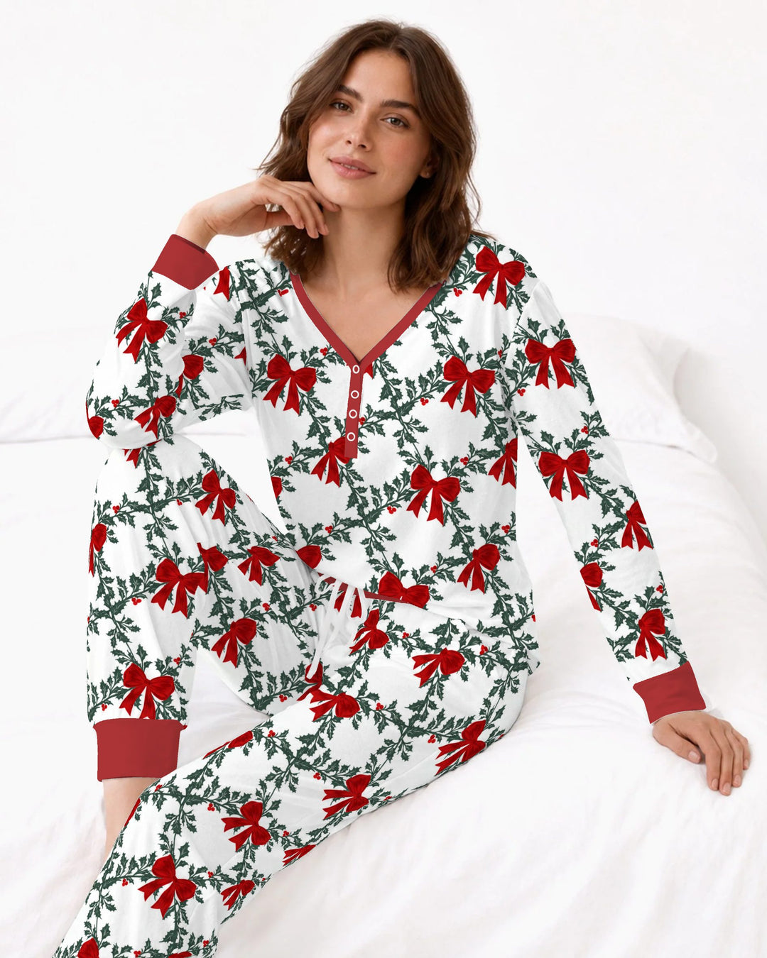 Vintage Christmas Holly Red Bows Bamboo Women Pajama Set