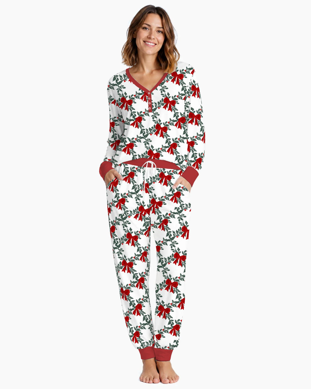 Vintage Christmas Holly Red Bows Bamboo Women Pajama Set