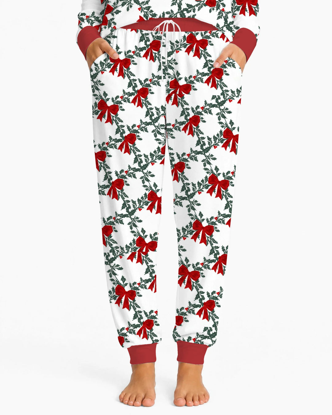 Vintage Christmas Holly Red Bows Bamboo Women Pajama Set