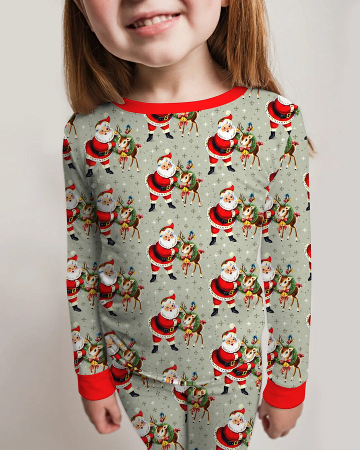 Vintage Santa and Reindeer Christmas Bamboo Two Piece Long Sleeve Pajama Set
