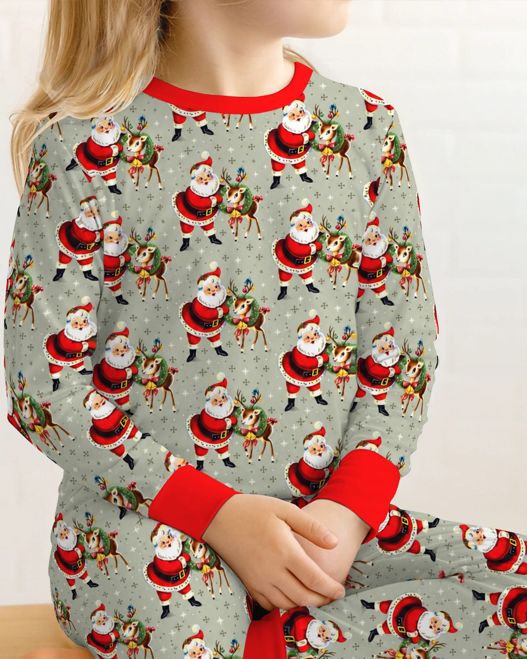 Vintage Santa and Reindeer Christmas Bamboo Two Piece Long Sleeve Pajama Set