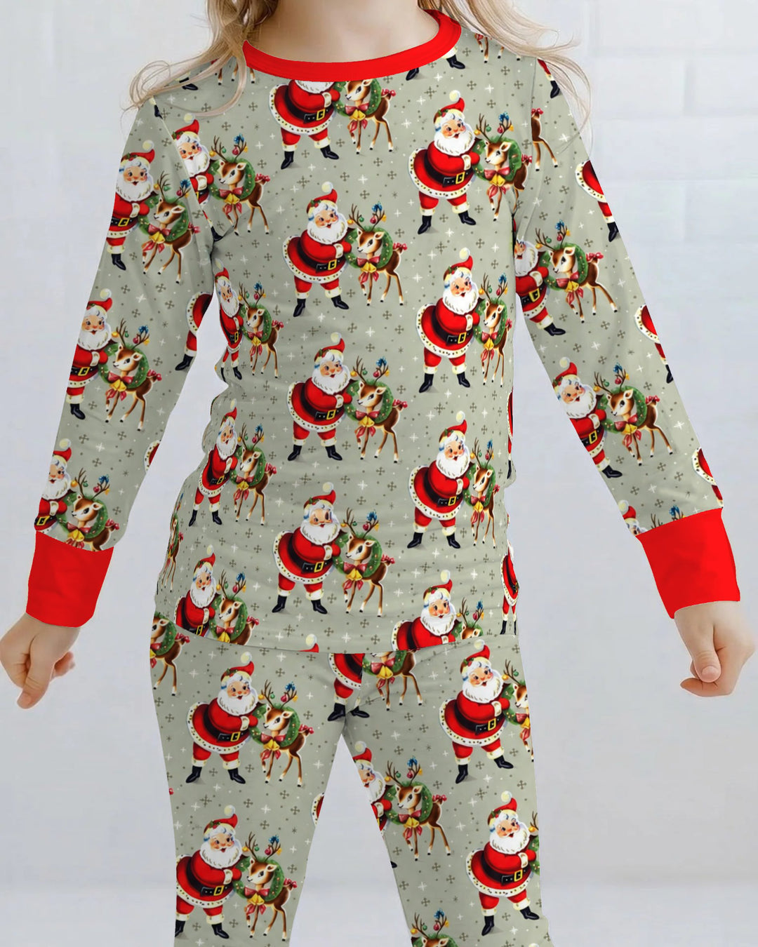 Vintage Santa and Reindeer Christmas Bamboo Two Piece Long Sleeve Pajama Set