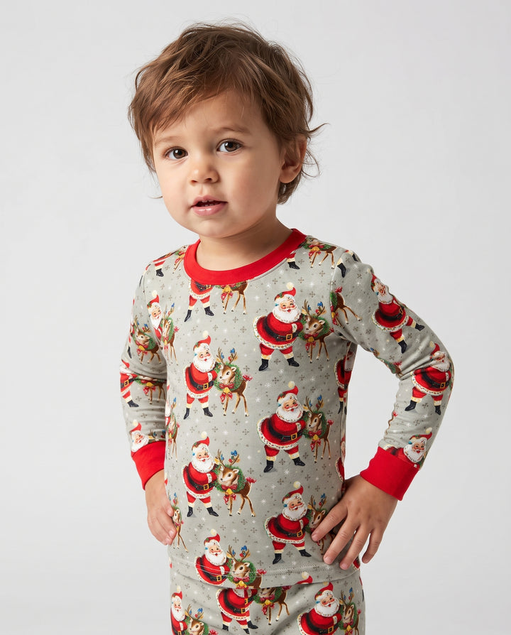 Vintage Santa and Reindeer Christmas Bamboo Two Piece Long Sleeve Pajama Set