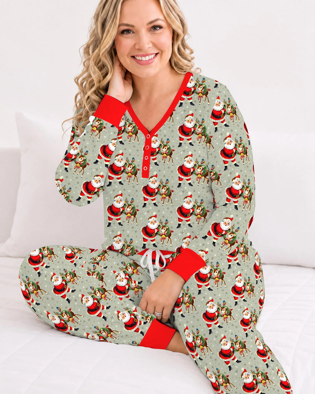 Vintage Santa and Reindeer Christmas Bamboo Women Pajama Set