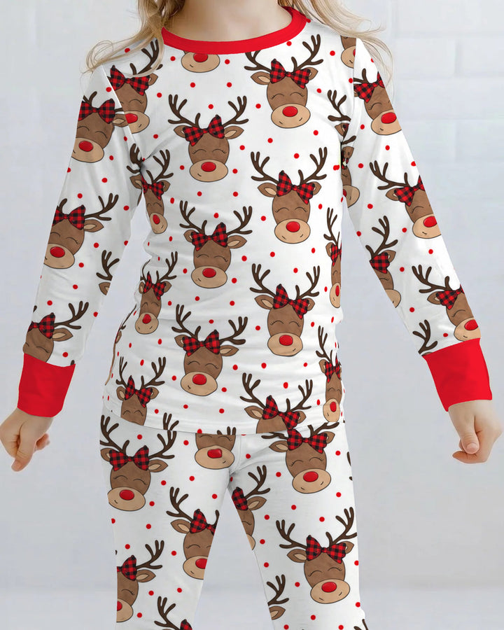 Cute Rudolph Reindeer Buffalo Plaid Bow Bamboo Two Piece Long Sleeve Pajama Set