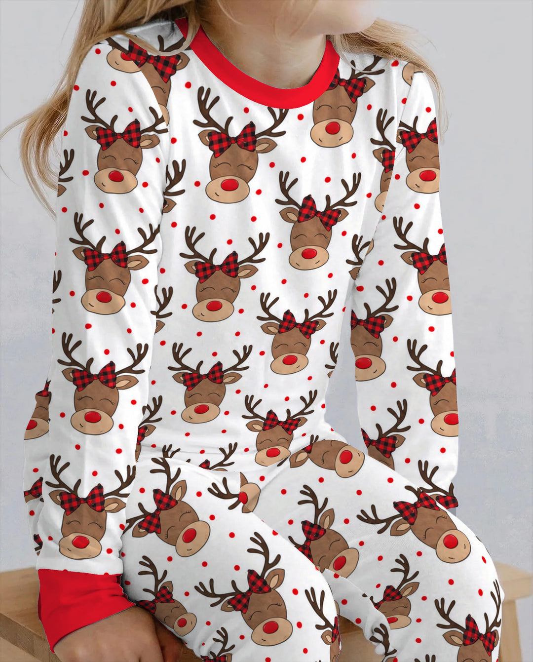 Cute Rudolph Reindeer Buffalo Plaid Bow Bamboo Two Piece Long Sleeve Pajama Set