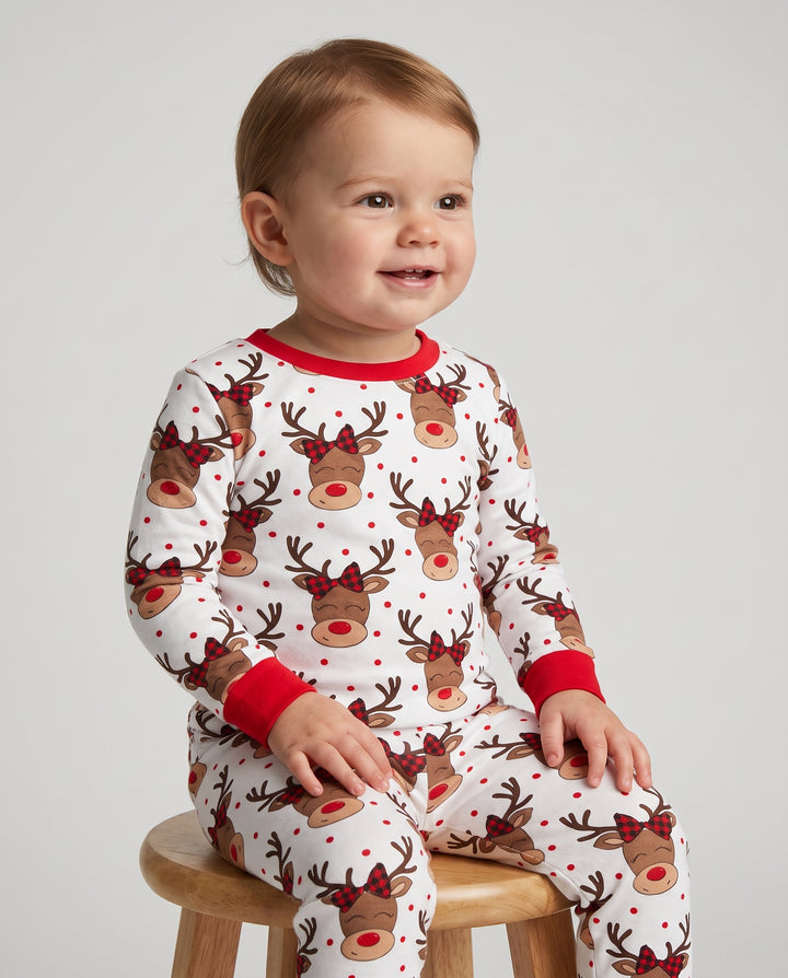Cute Rudolph Reindeer Buffalo Plaid Bow Bamboo Two Piece Long Sleeve Pajama Set