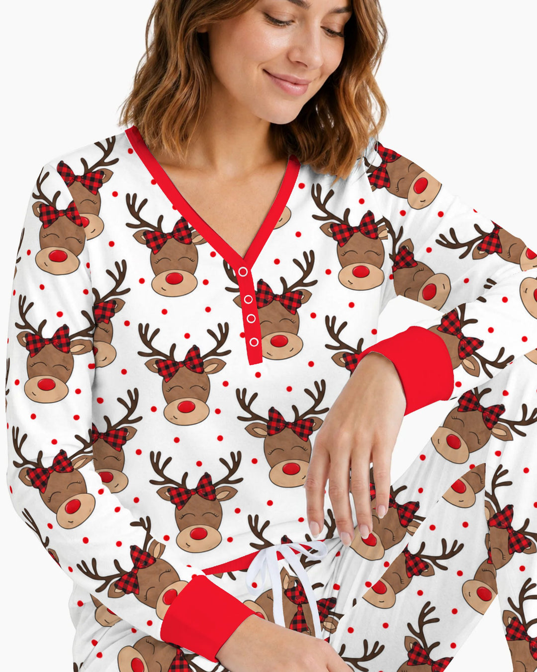 Cute Rudolph Reindeer Buffalo Plaid Bow Bamboo Women Pajama Set
