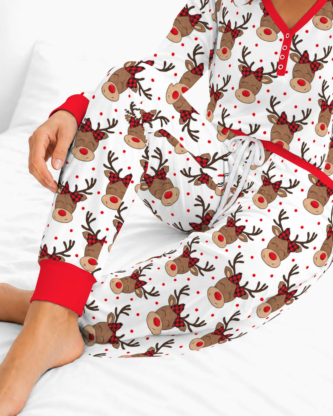Cute Rudolph Reindeer Buffalo Plaid Bow Bamboo Women Pajama Set