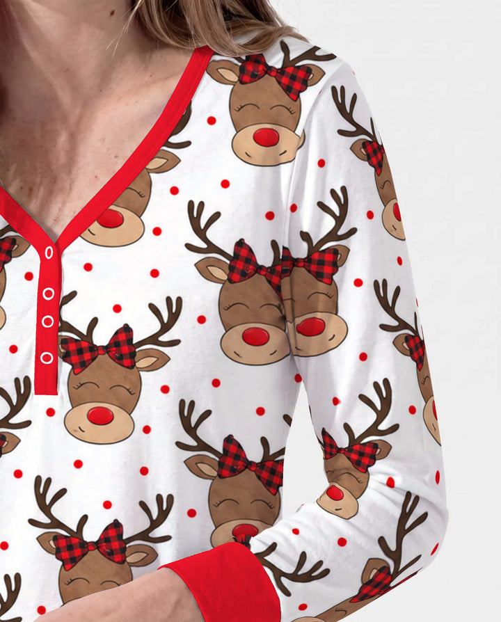 Cute Rudolph Reindeer Buffalo Plaid Bow Bamboo Women Pajama Set