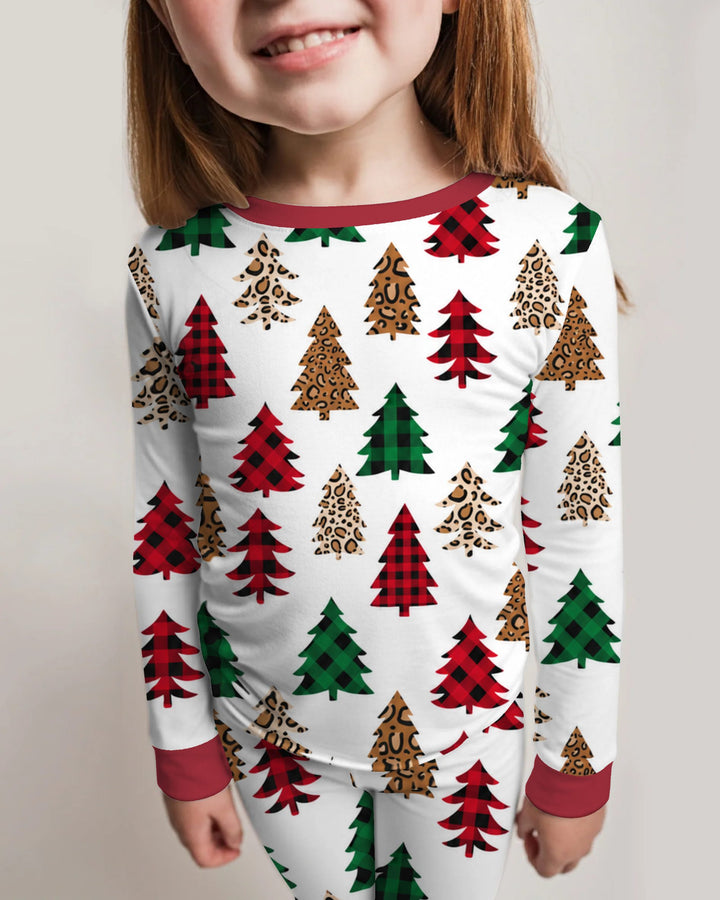 Buffalo Plaid and Leopard Print Christmas Trees Bamboo Two Piece Long Sleeve Pajama Set