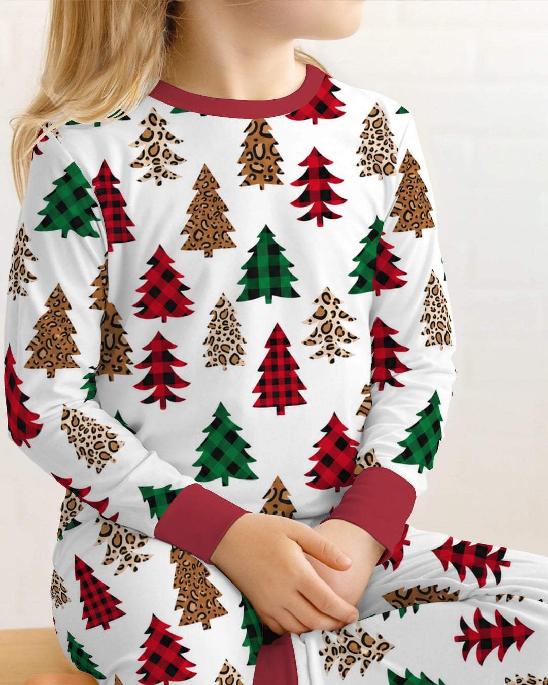 Buffalo Plaid and Leopard Print Christmas Trees Bamboo Two Piece Long Sleeve Pajama Set