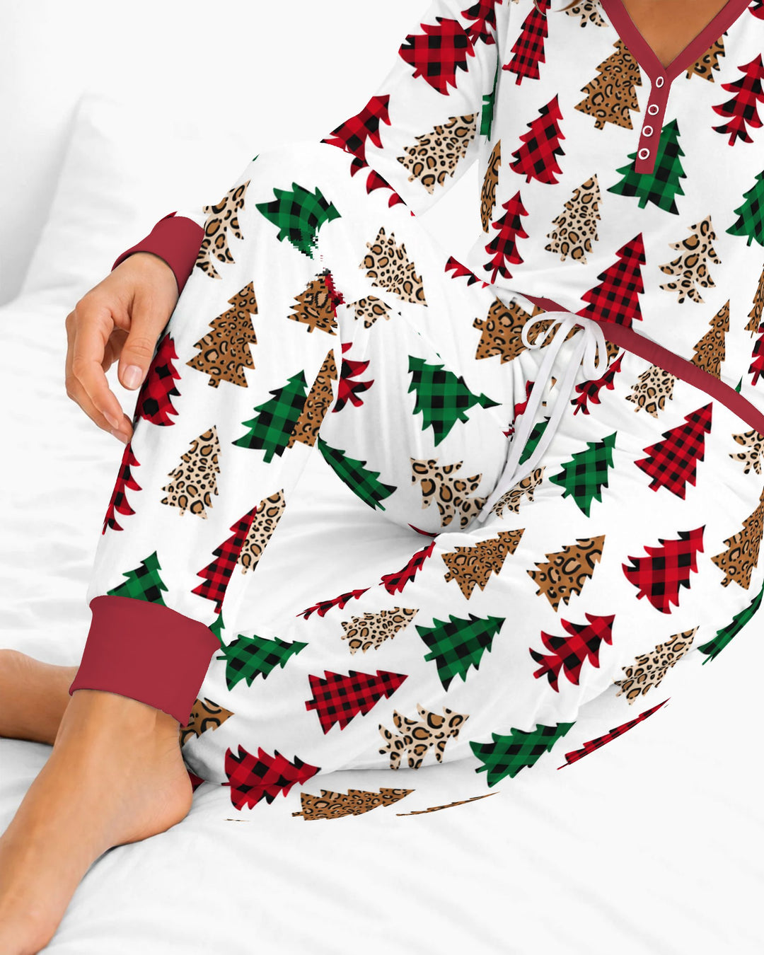 Buffalo Plaid and Leopard Print Christmas Trees Bamboo Women Pajama Set