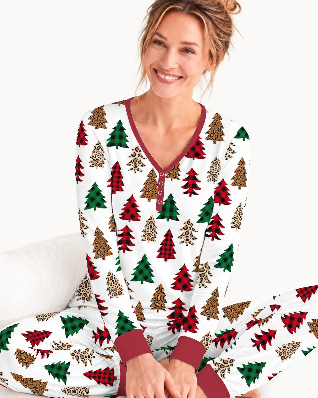Buffalo Plaid and Leopard Print Christmas Trees Bamboo Women Pajama Set