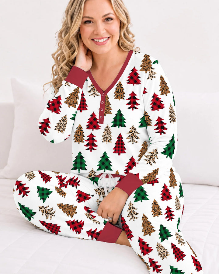 Buffalo Plaid and Leopard Print Christmas Trees Bamboo Women Pajama Set