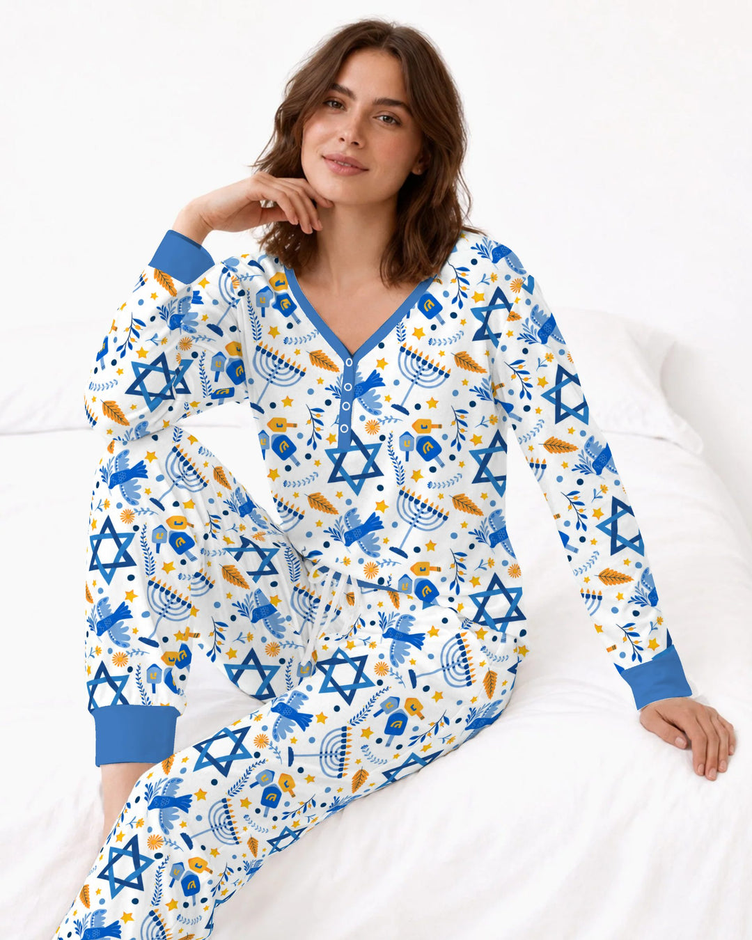 Blue and Gold Hanukkah Menorah and Dreidel Bamboo Women Pajama Set