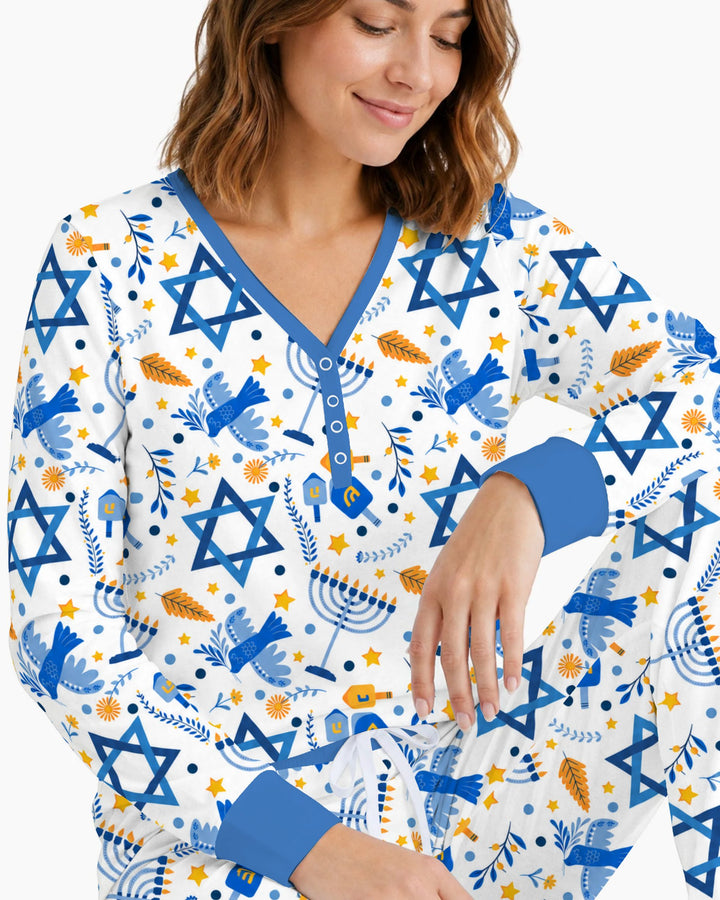 Blue and Gold Hanukkah Menorah and Dreidel Bamboo Women Pajama Set