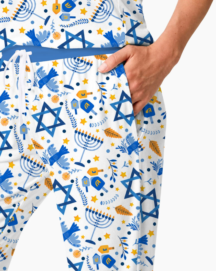 Blue and Gold Hanukkah Menorah and Dreidel Bamboo Women Pajama Set