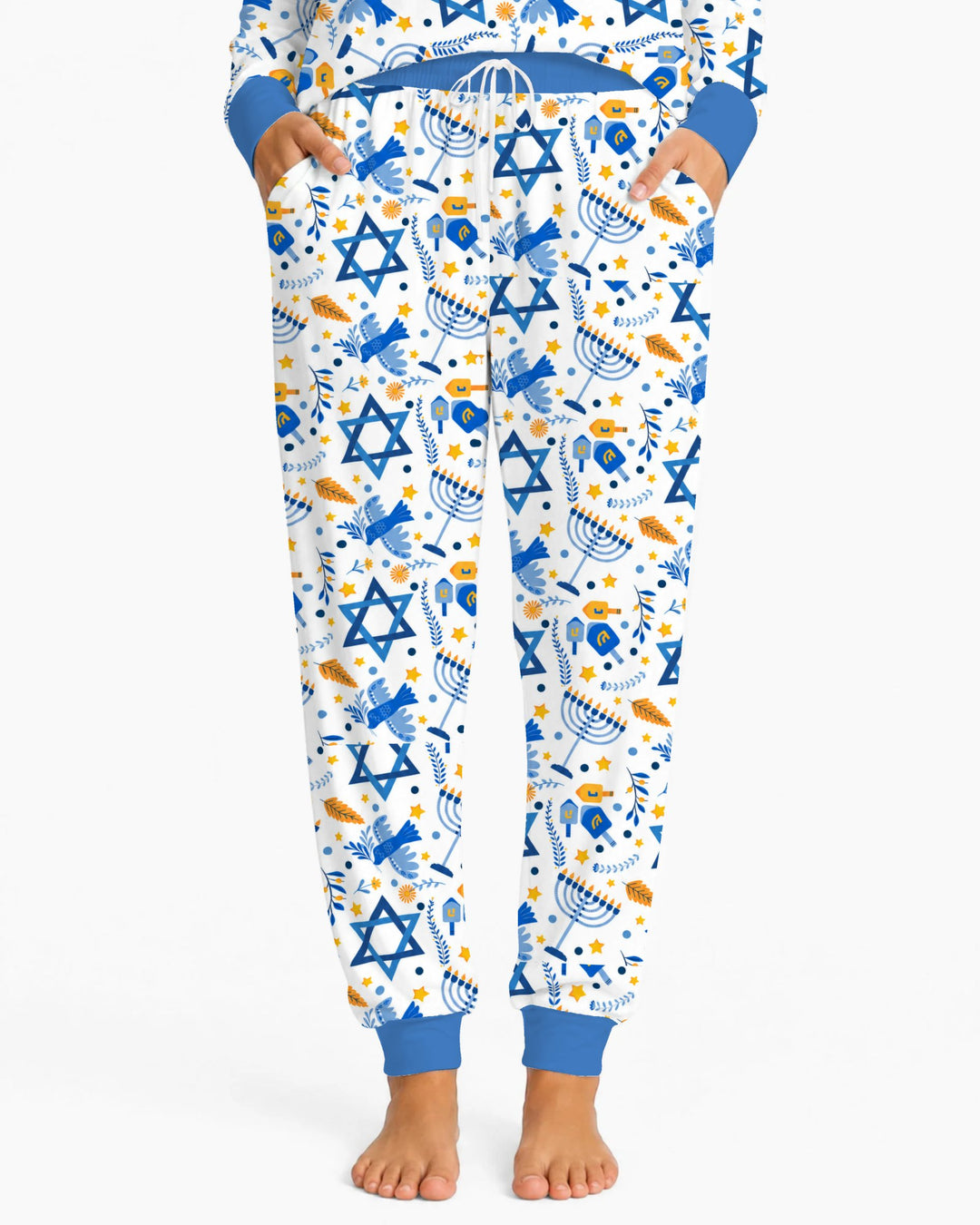 Blue and Gold Hanukkah Menorah and Dreidel Bamboo Women Pajama Set