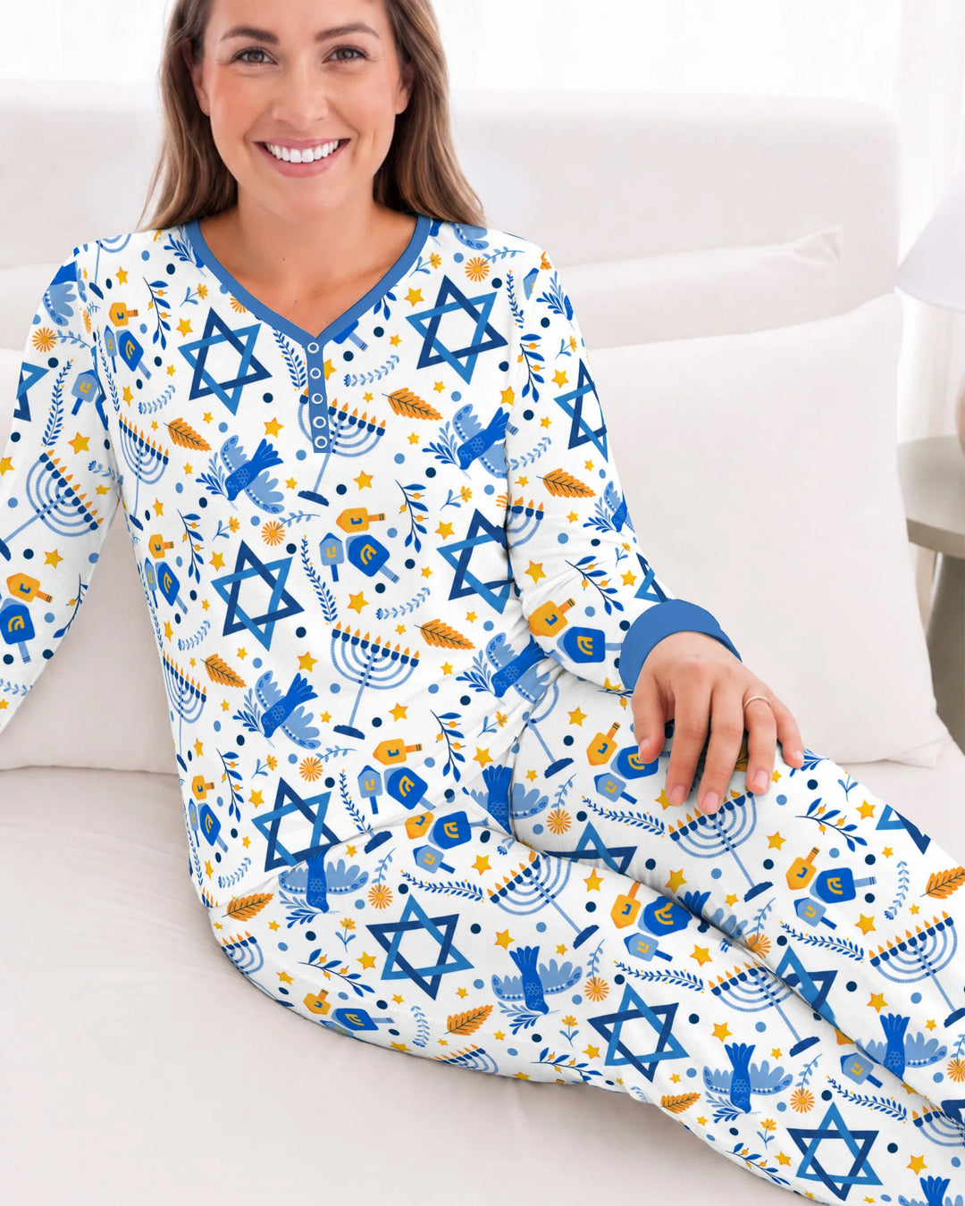 Blue and Gold Hanukkah Menorah and Dreidel Bamboo Women Pajama Set