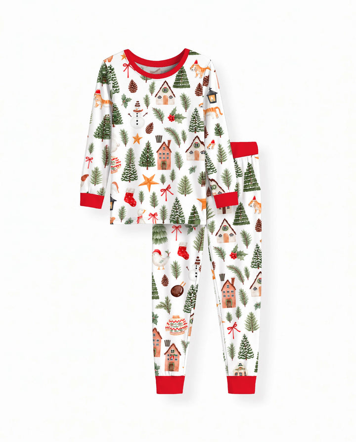 Whimsical Watercolor Christmas Village Bamboo Two Piece Long Sleeve Pajama Set