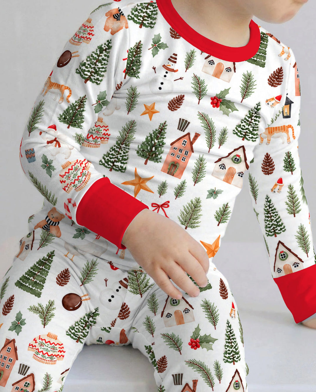 Whimsical Watercolor Christmas Village Bamboo Two Piece Long Sleeve Pajama Set