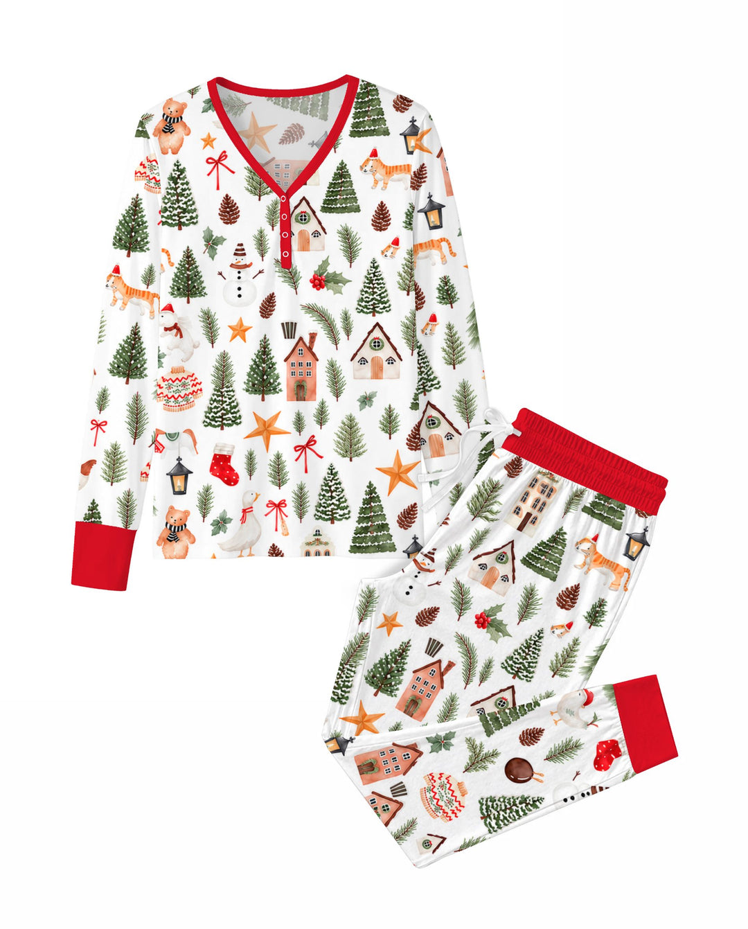 Whimsical Watercolor Christmas Village Bamboo Women Pajama Set