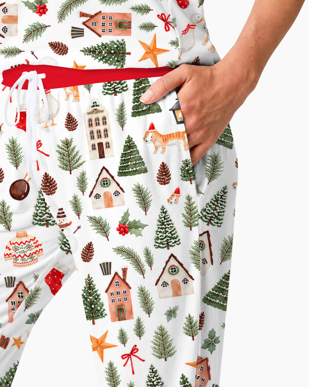 Whimsical Watercolor Christmas Village Bamboo Women Pajama Set