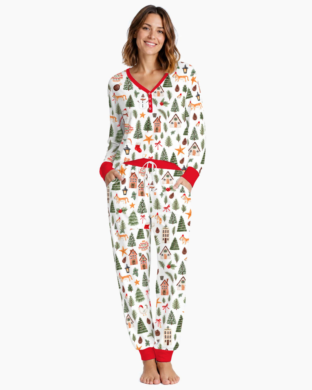 Whimsical Watercolor Christmas Village Bamboo Women Pajama Set
