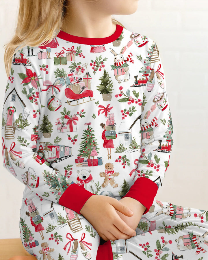 Pink Christmas Nutcracker and Winter Village Bamboo Two Piece Long Sleeve Pajama Set
