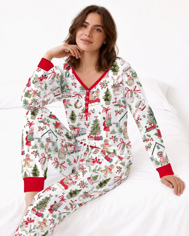 Pink Christmas Nutcracker and Winter Village Bamboo Women Pajama Set