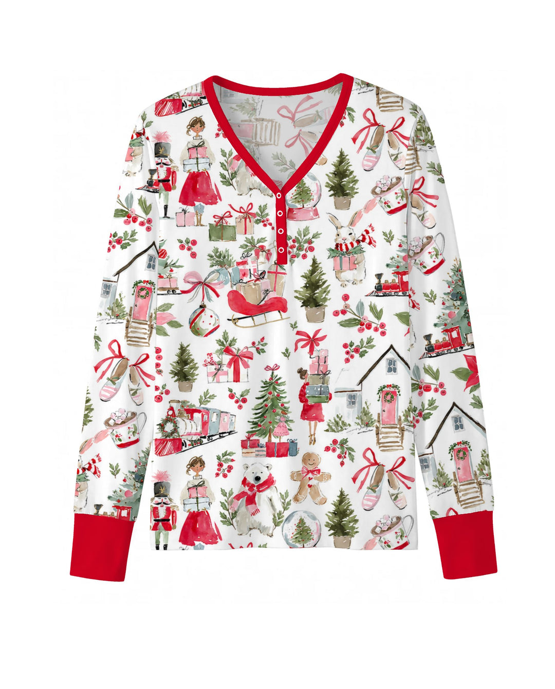 Pink Christmas Nutcracker and Winter Village Bamboo Women Pajama Set