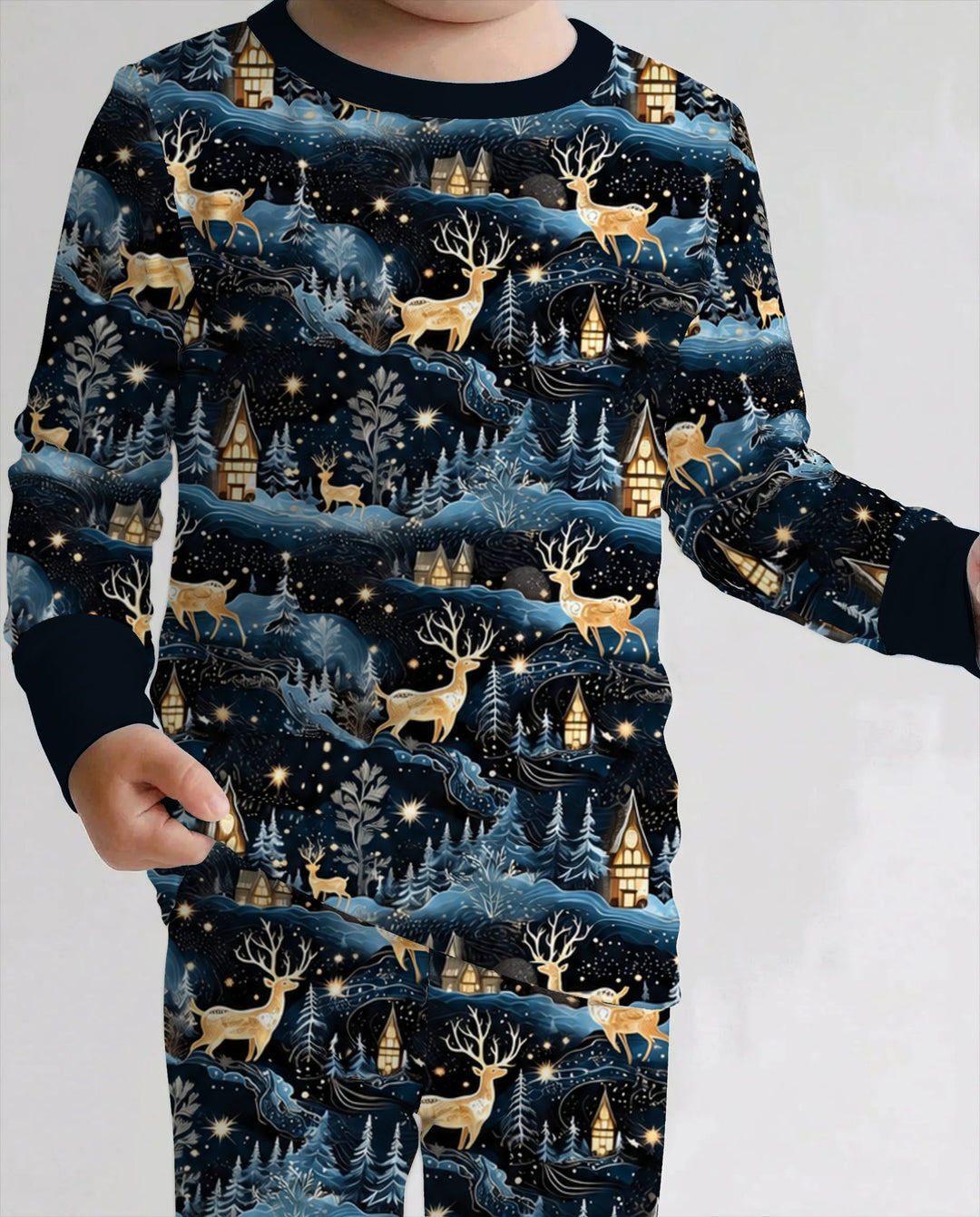 Magical Midnight Blue Winter Deer Forest Bamboo Two Piece Long Sleeve Pajama Set