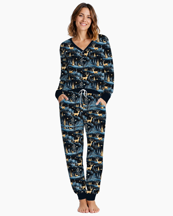 Magical Midnight Blue Winter Deer Forest Bamboo Women Pajama Set