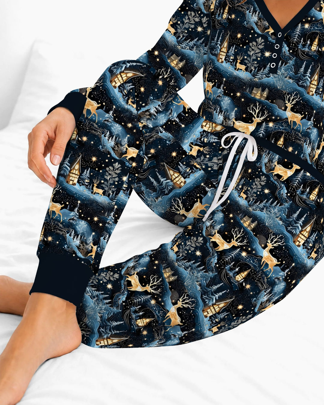 Magical Midnight Blue Winter Deer Forest Bamboo Women Pajama Set