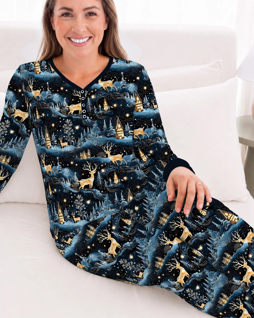 Magical Midnight Blue Winter Deer Forest Bamboo Women Pajama Set