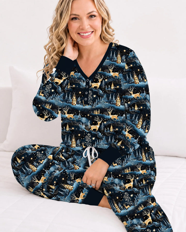Magical Midnight Blue Winter Deer Forest Bamboo Women Pajama Set
