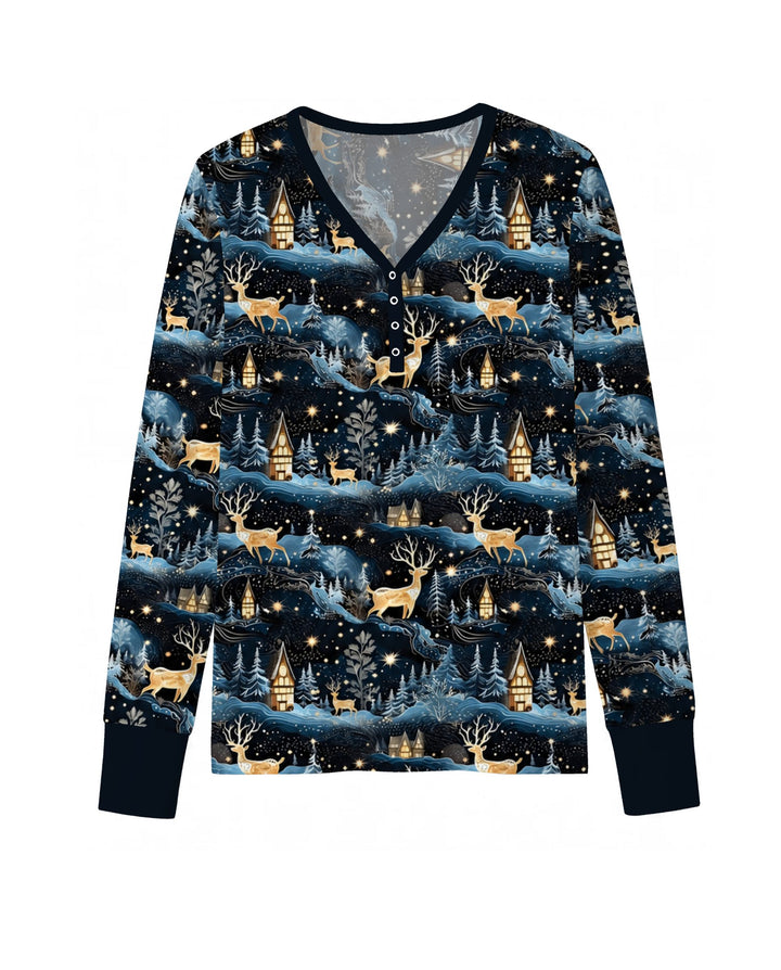 Magical Midnight Blue Winter Deer Forest Bamboo Women Pajama Set